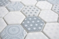 Preview: Retro Vintage Mosaik Recycling Glas Hexagon mit Muster Weiß Blau Fliesenspiegel - 16-0414
