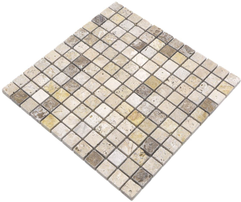 Travertin Mosaik Fliese Natursteinmosaik beige braun getrommelt 43-46380