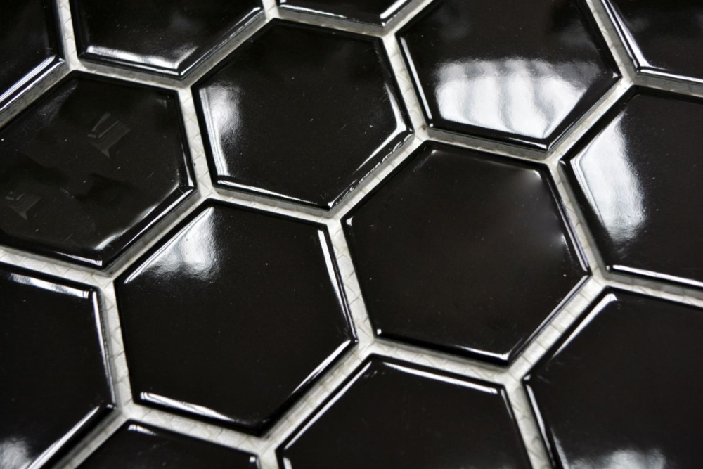 Mosaik Fliese Keramikmosaik Hexagon schwarz glänzend 11B-0302
