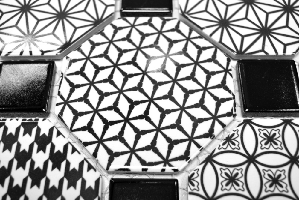 Mosaik Fliese Keramikmosaik Octagon MISTO weiß glänzend schwarz Octa-0301