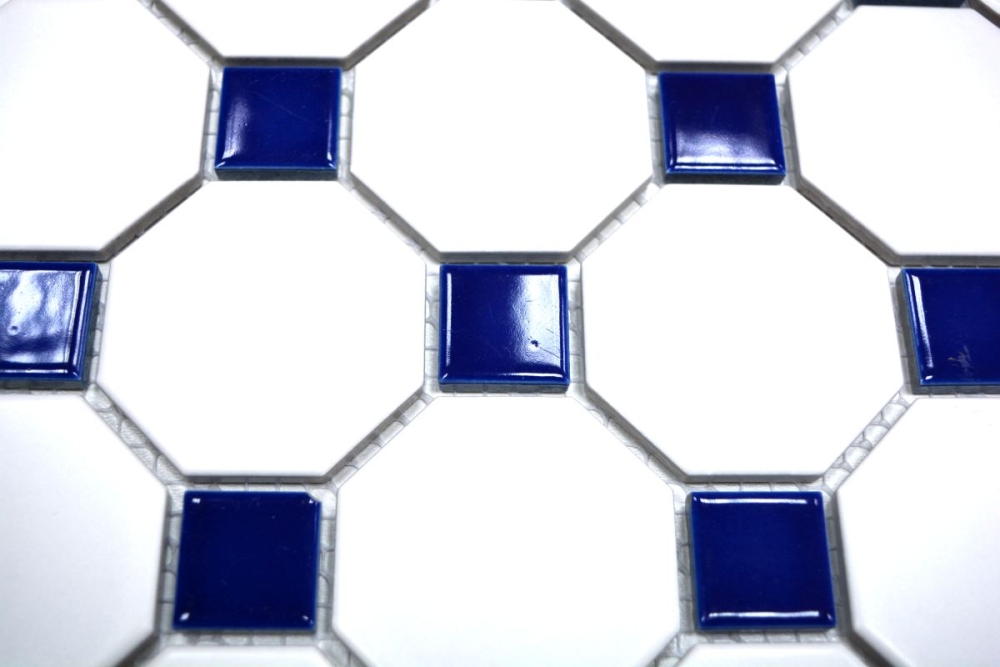 Mosaik Fliese Keramikmosaik blau Octagon weiß matt blau glänzend 13-OctaG464