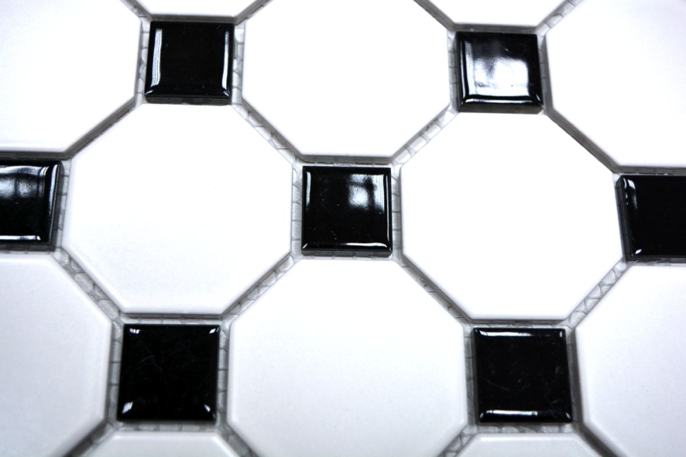 Mosaik Fliese Keramikmosaik Octagon weiß matt schwarz glänzend 13-OctaG468
