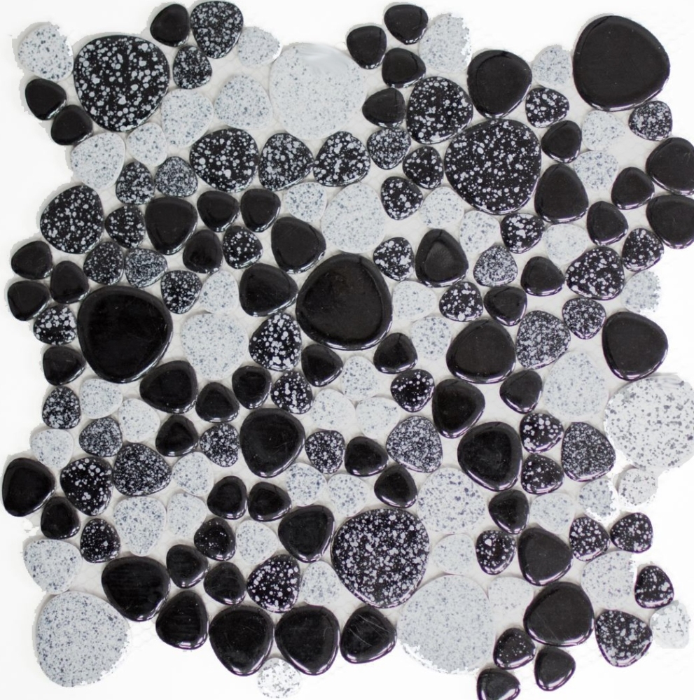Kieselmosaik Drops grau schwarz Keramiksteine Mosaiksteine Duschboden Duschwand 12-0103
