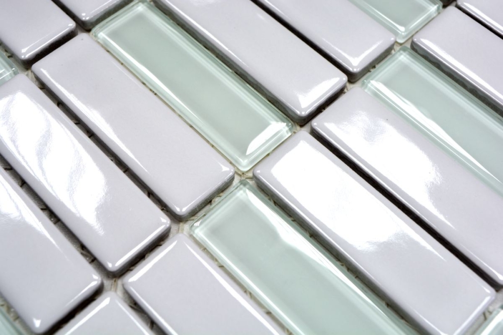 Mosaik Fliese Glasmosaik grünstich Keramikstäbchen weiss glänzend 24-ST315