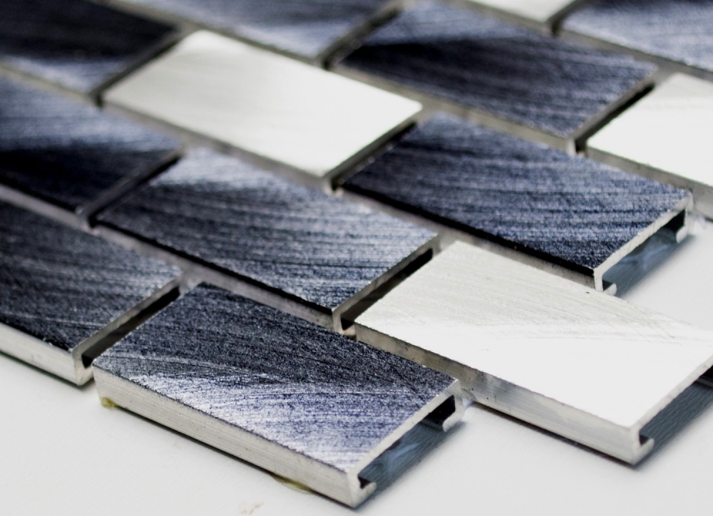Mosaik Fliese Aluminiummosaik Silber Schwarz Brickoptik Gebürstet Fliesenspiegel Wandfliese - 48-0208