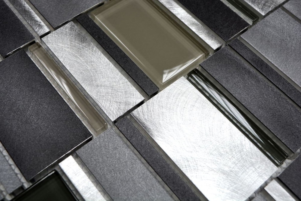 Mosaik Fliese Aluminiummosaik Kombination Glasmosaik Klar Grau Silber Fliesenspiegel - 49-0204