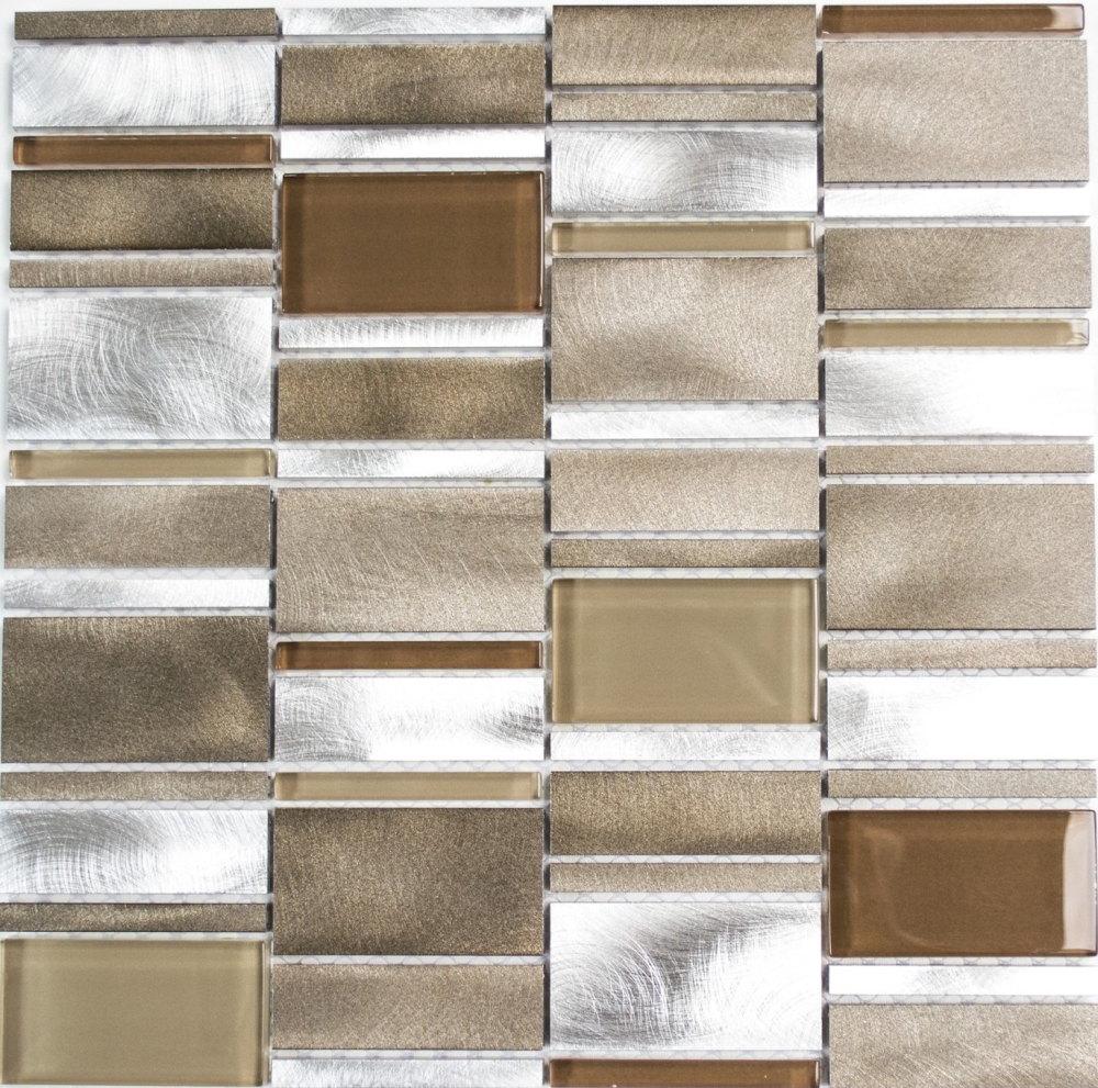Mosaik Fliese Aluminiummosaik Kombination Glasmosaik Klar Beige Braun Silber Fliesenspiegel - 49-1202