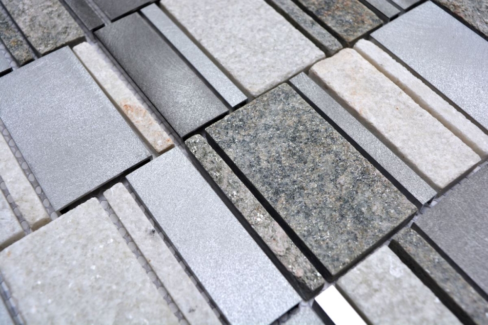 Mosaik Mix Quarzit Aluminium mix silber grau hellbeige matt - 10 Mosaikblaetter