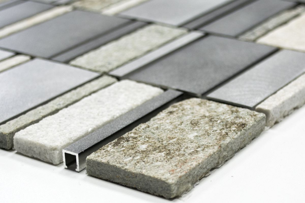 Mosaik Mix Quarzit Aluminium mix silber grau hellbeige matt - 10 Mosaikblaetter