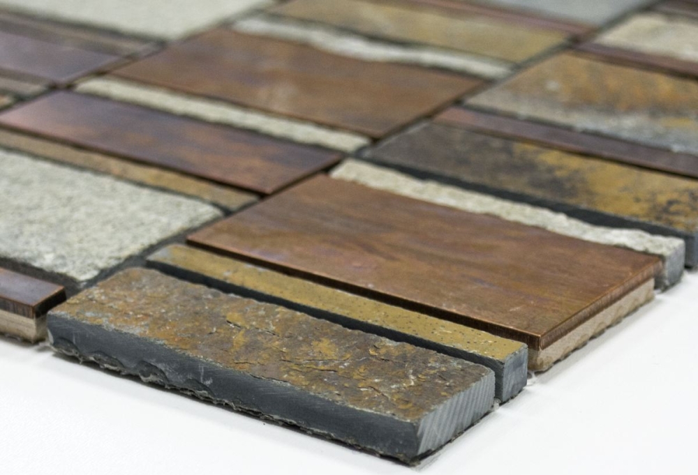 Mosaik Fliese Kupfer Braun Rost Steingrau Quarz Mosaikplatte Wandfliese - 47-575