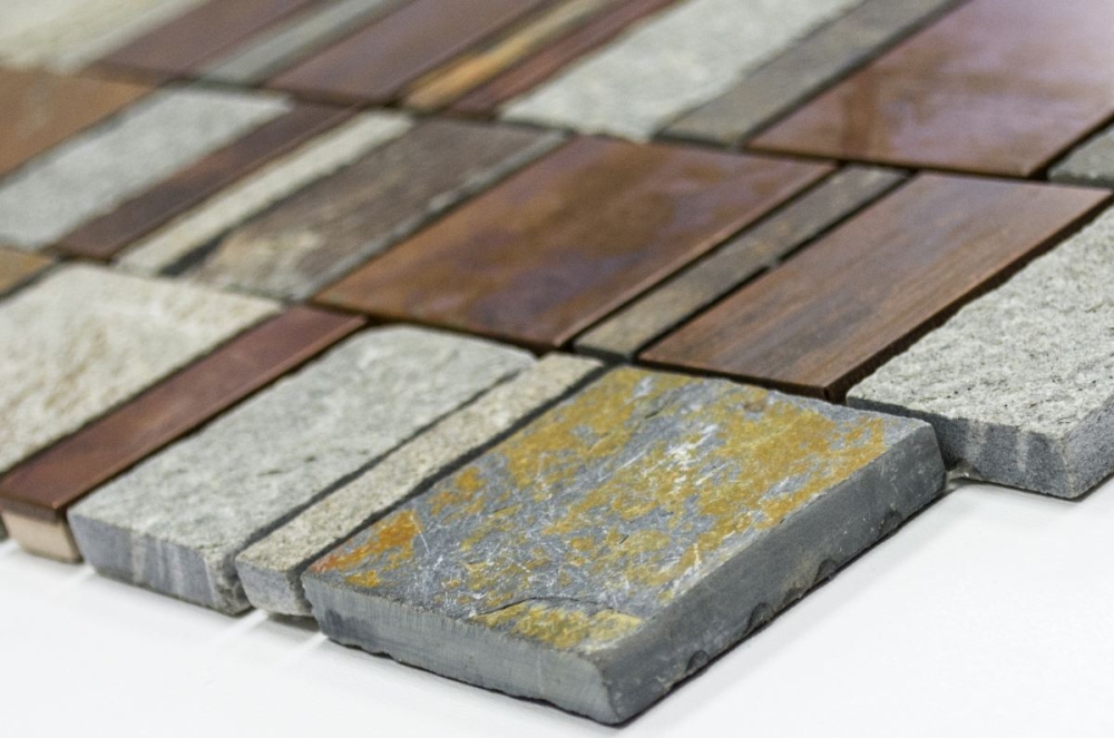 Mosaik Fliese Kupfer Braun Rost Steingrau Quarz Mosaikplatte Wandfliese - 47-585
