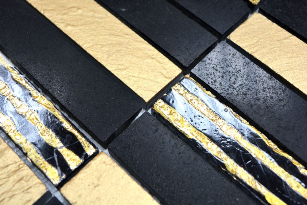 Mosaik Stäbchen Riemchen gold schwarz Marmormosaik 40-STN79