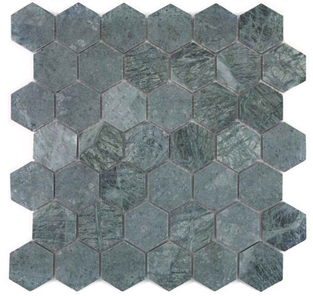 Hexagonale Mosaik Naturstein Fliese Marmor anthrazit grau grünstich 44-0210