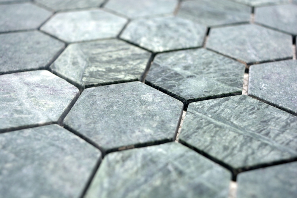 Hexagonale Mosaik Naturstein Fliese Marmor anthrazit grau grünstich 44-0210