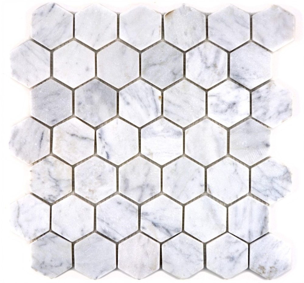 Hexagonale Mosaik Naturstein Fliese Marmor weiß grau Carrara 44-0103