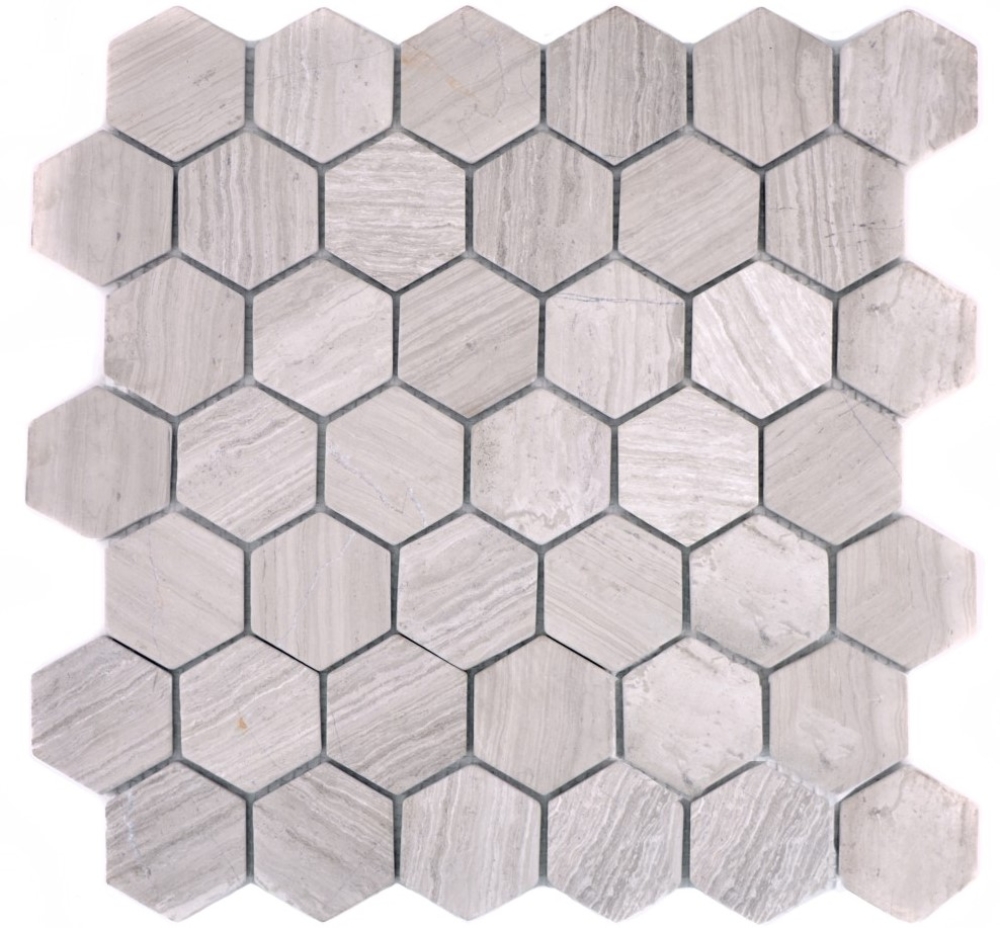 Hexagonale Mosaik Naturstein Fliese Marmor grau cream Streifen 44-1205