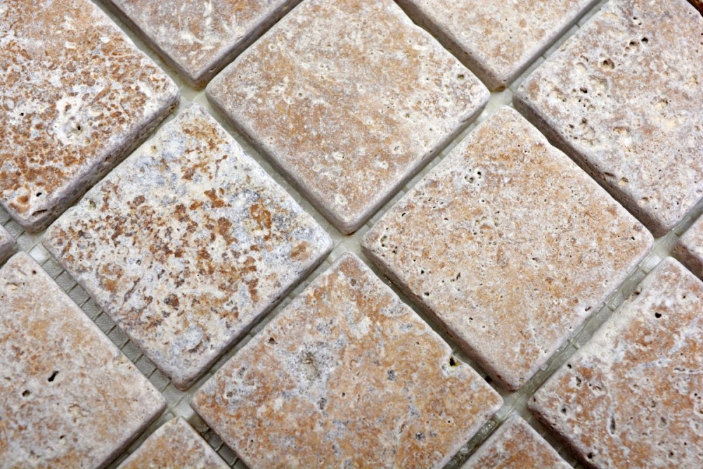 Travertin Mosaik Fliese Natursteinmosaik hellbraun walnuss Noce Antik 43-44048