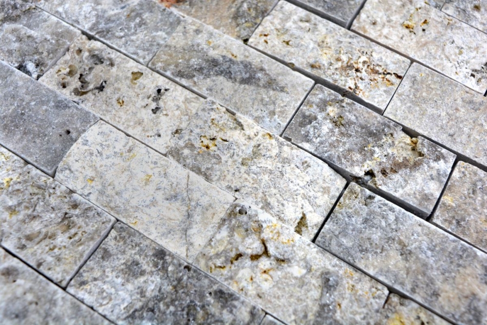 Splitface 3D Mosaik Fliese Travertin Natursteinwand grau silber cream Travertin 43-47248