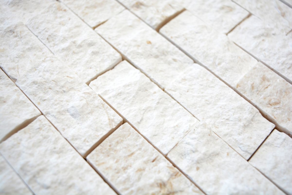 Splitface Mosaik Fliese Kalkstein Natursteinwand weiß cream Limestone 3D 29-49248