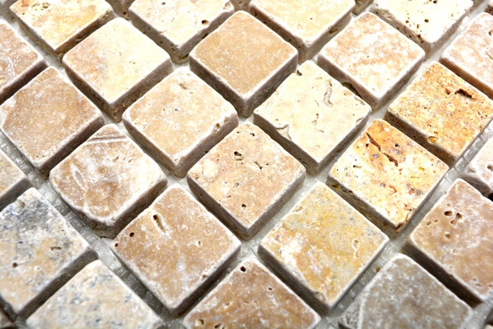 Travertin Mosaik Fliese Natursteinmosaik beige braun getrommelt 43-46380