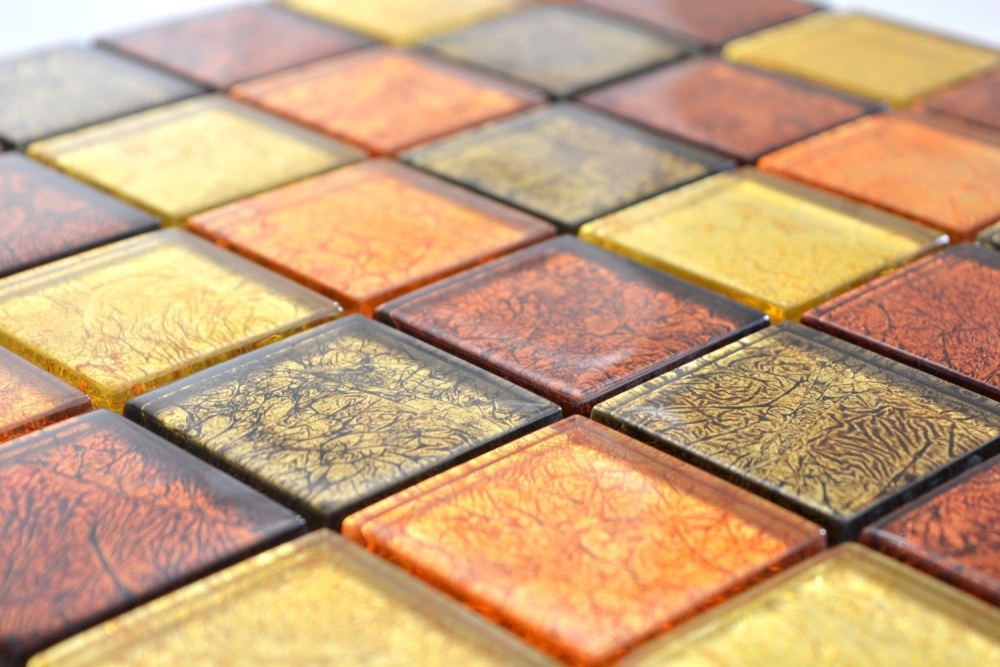 Mosaik Fliese Glasmosaik Gold Orange Rot Struktur Wandverkleidung Küche Bad - 120-07424