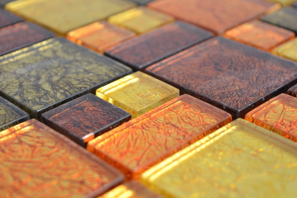 Mosaik Fliese Glasmosaik Gold Rot Orange Struktur Kombination Wandfliese Küchenfliese - 88-07814