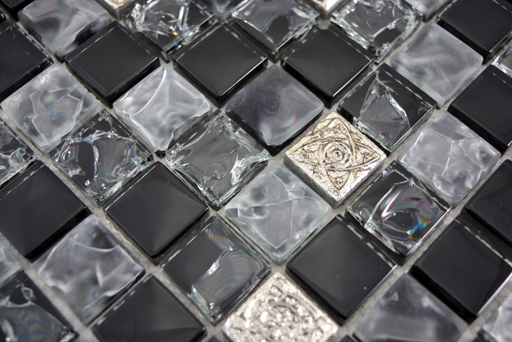 Glasmosaik Mosaikfliese grau schwarz silber gefrostet Fliesenspiegel - 92-0333
