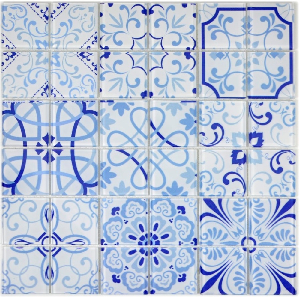 Retro Vintage Glasmosaik Marokanische Optik Weiß Hellblau Dunkelblau MALTA Küche - 68-Retro-M