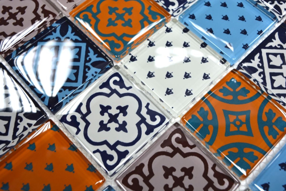Glasmosaik Mosaikfliese Retro Ornament Weiß Blau Orange Schwarz Marokkanische Optik - 78B-0123