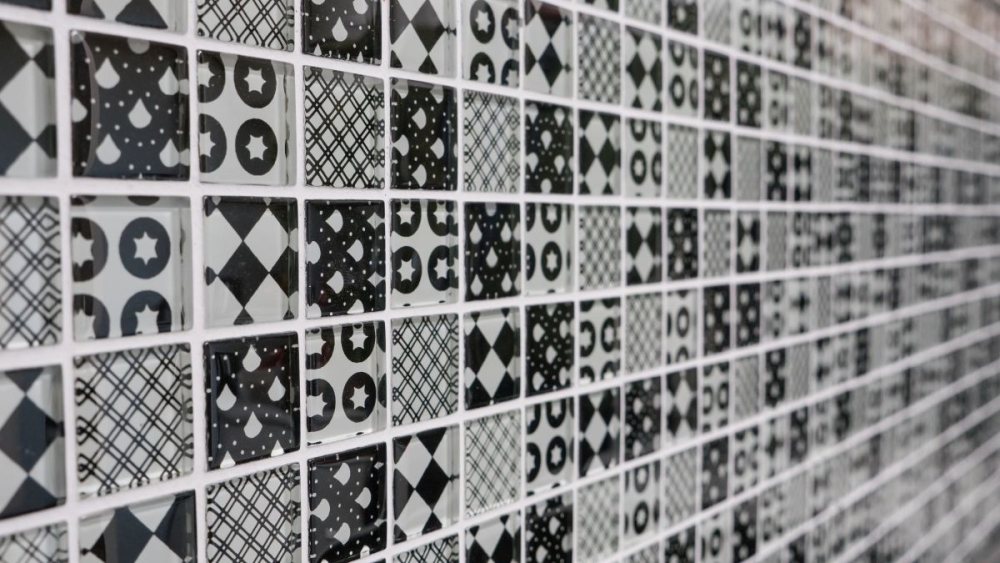 Glasmosaik Mosaikfliese Retro Ornament Schwarz Weiß Marokkanische Optik - 88-8OP5