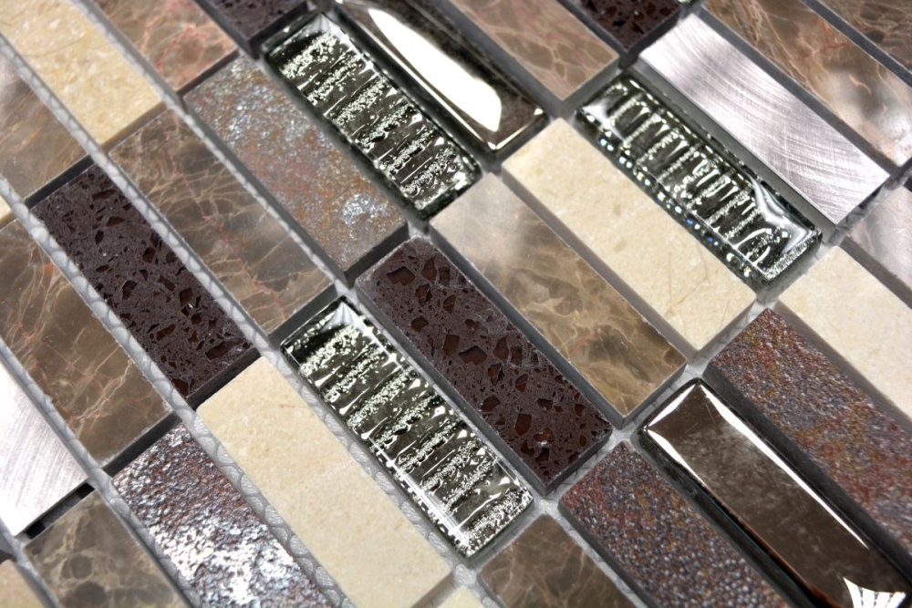 Riemchen Rechteck Mosaik Fliese Komposit Aluminium beige braun silber Glasmosaik Fliesenspiegel Küche Wand Bad - MOS87-SM48