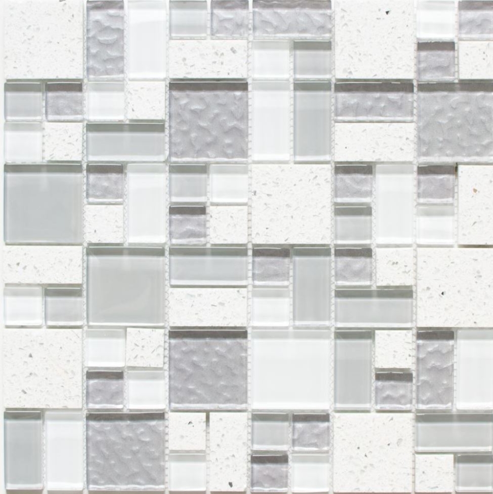 Kunststein Glasmosaik Mosaikfliesen Komposit weiß altweiß hellgrau anthrazit Fliesenspiegel Wand - 88-K990