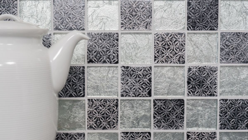 Mosaik Fliese Glasmosaik Silber Grau Resin Optik Fliesenspiegel Wand Küche - 88-8OP6