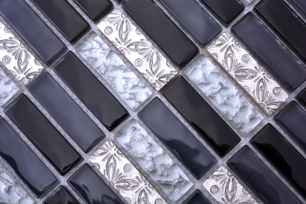 Riemchen Rechteck Mosaikfliesen Glasmosaik Stäbchen Resin Kunststein grau schwarz silber Küchenrückwand Bad Wand WC - 87-03108