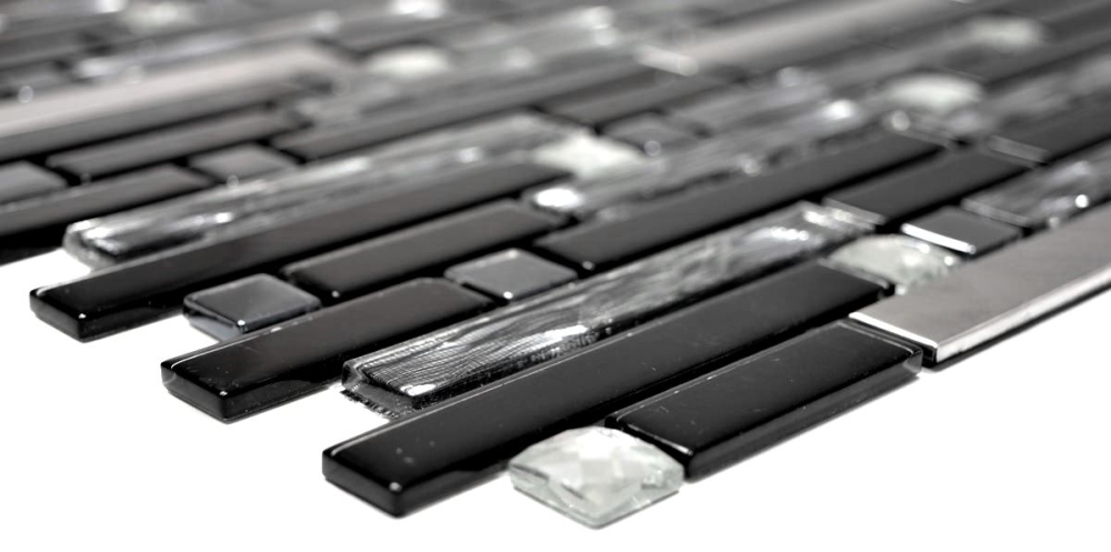 Mosaik Verbund Glasmosaik Stahl mix schwarz Glas Mix Transluzent Edelstahl Verbundoptik glänzend