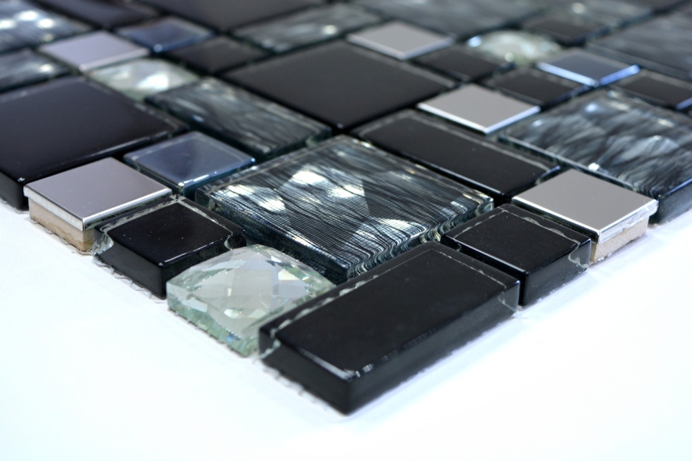 Glasmosaik Edelstahl Mosaikfliesen schwarz silber klar grau Fliesenspiegel Küchenrückwand Bad WC - 88-03689