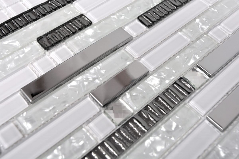 Glasmosaik Stäbchen versetzte Optik Edelstahl Weiß Silber Fliesenspiegel Bad WC - 67-GV498
