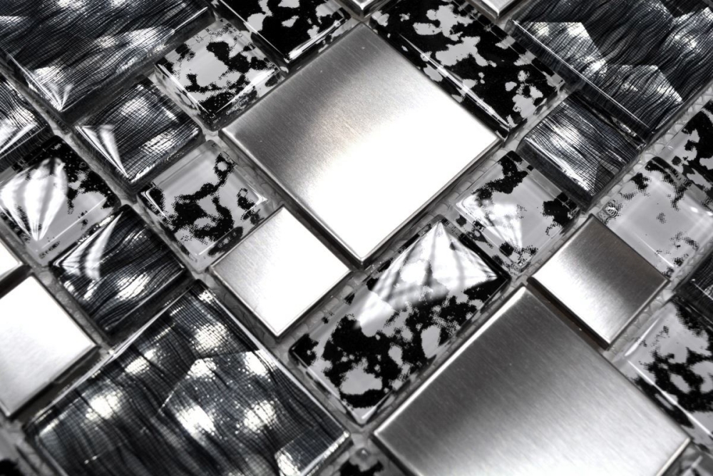 Mosaique de verre Carreau de mosaique Acier inoxydable Argent Blanc Noir - 88-0203