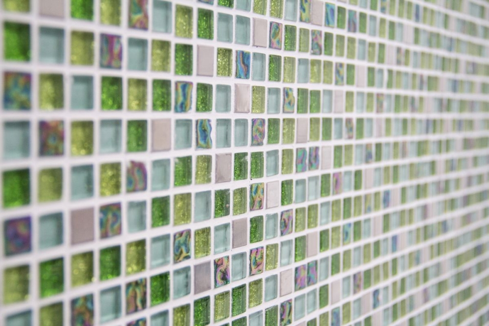 Mosaico cuadrado vidrio mosaico acero mezcla verde mezcla translucido acero inoxidable brillante