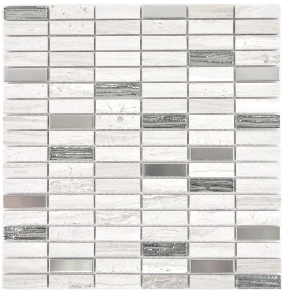 Riemchen Rechteck Mosaikfliesen Glasmosaik Stäbchen Edelstahl grauweiß silber beige Küchenrückwand Fliesenspiegel Bad - 87-2002