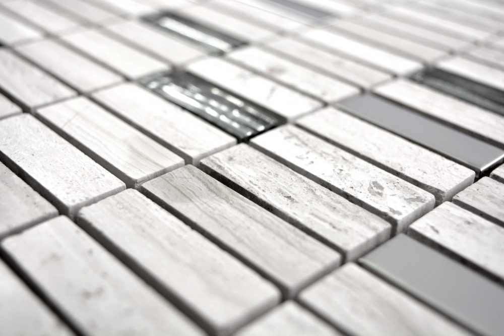 Mosaico cross bond look mix piedra translucida acero inoxidable mix gris blanco brillante - 10 hojas de mosaico