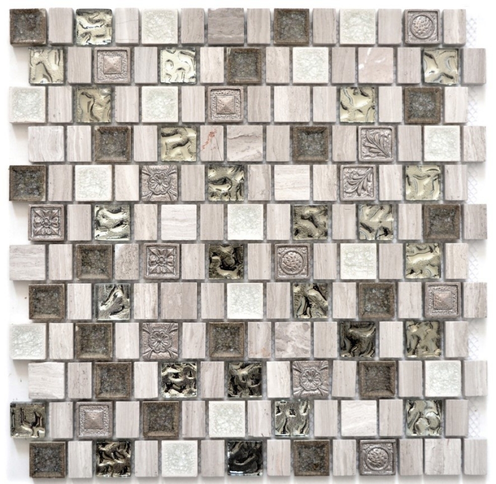 Mosaik Steine Verbund Mosaikfliese Resin Keramik grauweiß hellgrau cremebeige Multiformat Glasmosaik Fliesenspiegel - 82-2002