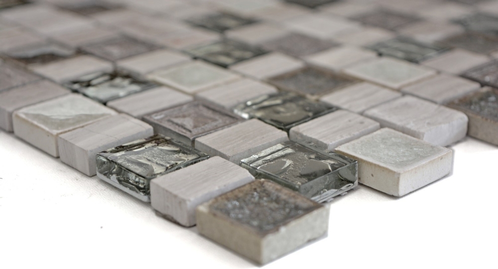 Mosaique aspect relief Mix pierre translucide Resin Ceramique mix gris blanc brillant - 10 feuilles de mosaique