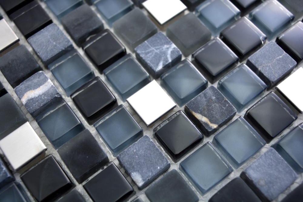 Mosaique Mix pierre translucide inox mix noir brillant - 10 feuilles de mosaique
