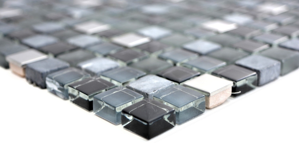 Mosaique Mix pierre translucide inox mix noir brillant - 10 feuilles de mosaique