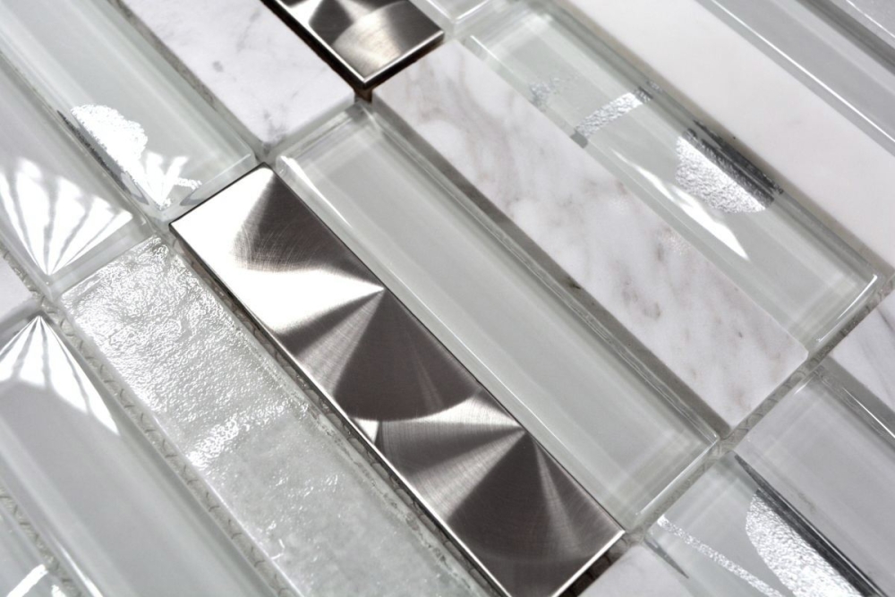 Mosaique rectangle mosaique de verre pierre mix acier blanc mix translucide inox aspect croise brillant