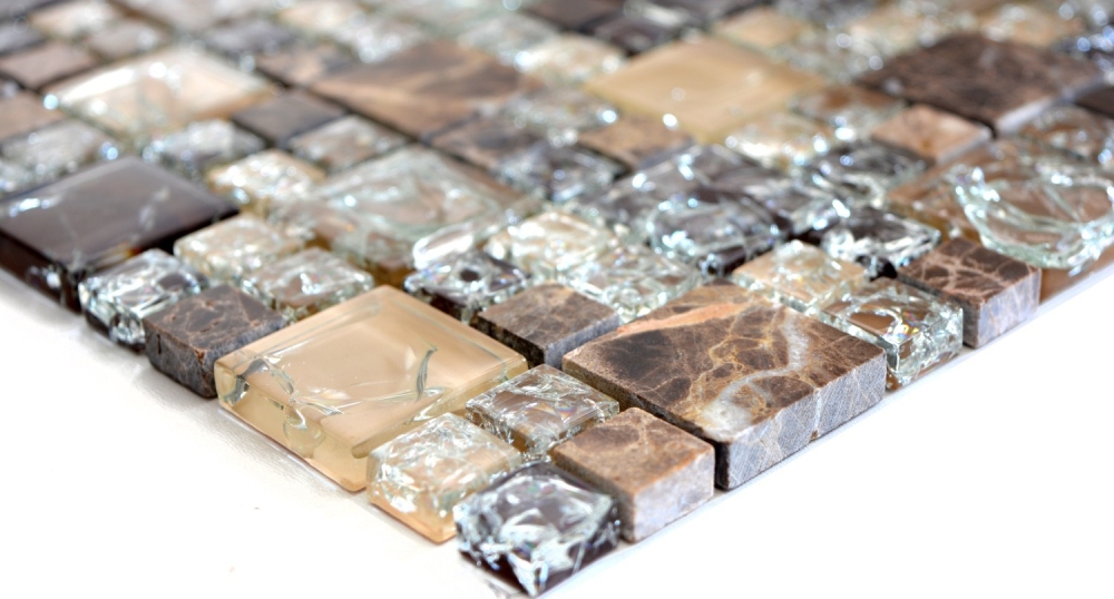 Pierre naturelle Mosaique de verre Marbre Carreaux de mosaique brun fonce creme beige brisures de verre Carrelage cuisine salle de bain - 87-K1455