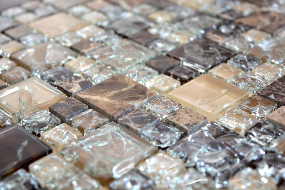 Pierre naturelle Mosaique de verre Marbre Carreaux de mosaique brun fonce creme beige brisures de verre Carrelage cuisine salle de bain - 87-K1455