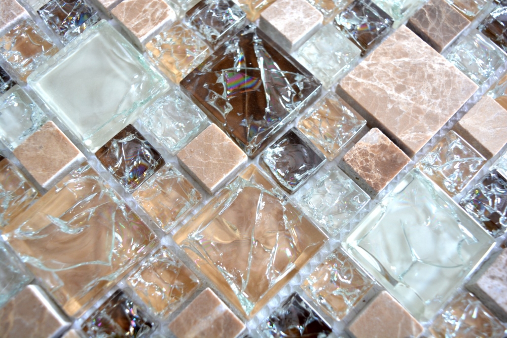 Naturstein Glasmosaik Marmor Mosaikfliesen hellbraun creme beige Bruchglas Fliesenspiegel Küche Wand - 87-K1453