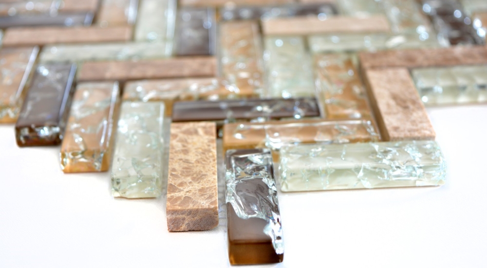 Glas Naturstein Marmor Mosaikfliese hellbraun beige creme Fischgrät Bruchglas Küchenrückwand Fliesenspiegel - MOS87HB-1253